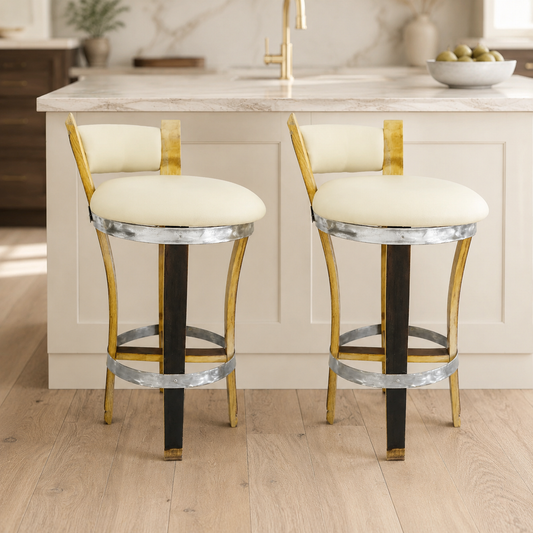 Whiskey & Wine Barrel Stools — Set of 2, Memory Foam, Off-White Upholstery