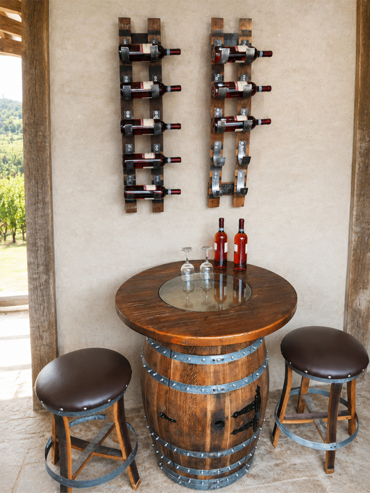Whiskey & Wine Barrel Home Bar Set #1 — Bar Cabinet, Pub Table & Stools