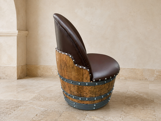 Whiskey & Wine Barrel Lounge Chair — Hidden Storage, Memory Foam, Brown Upholstery