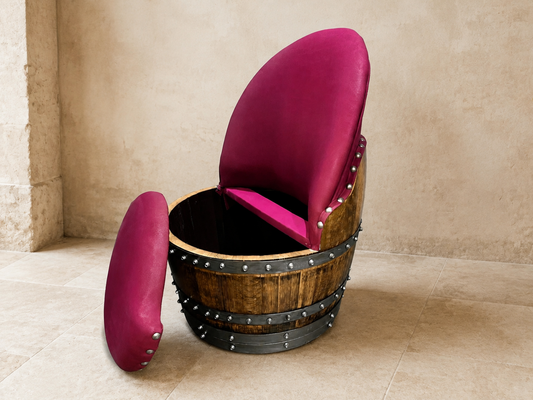 Whiskey & Wine Barrel Lounge Chair — Hidden Storage, Memory Foam, Burgundy Upholstery