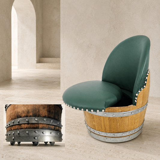 Whiskey & Wine Barrel Lounge Chair — Hidden Storage, Memory Foam, Green Upholstery