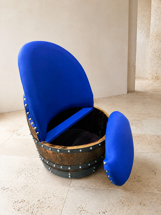 Whiskey & Wine Barrel Lounge Chair — Hidden Storage, Memory Foam, Sea Blue Upholstery (Limited)