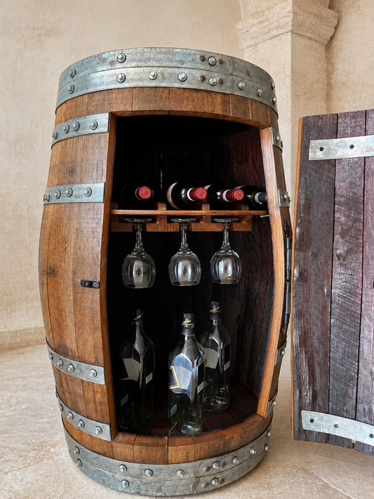 Whiskey & Wine Barrel Multi-Use Bar — Display Cabinet, Stemware Shelf