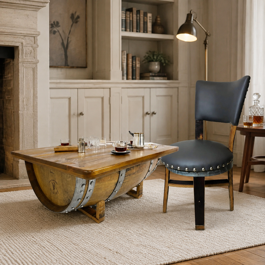 Whiskey & Wine Barrel Stave Dining Chair — Grey or Green Upholstery