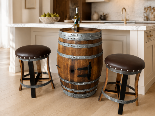 Whiskey & Wine Barrel Stool — Memory Foam, Brown Upholstery