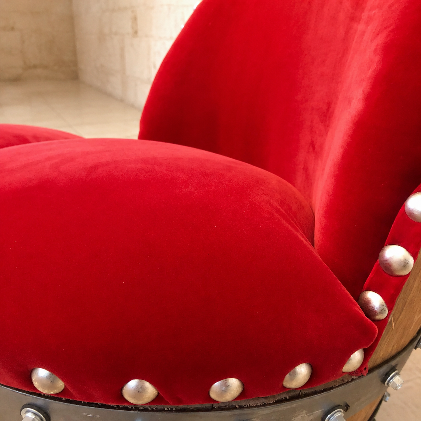 Whiskey & Wine Barrel Reading Chair — Hidden Storage, Red Velvet Upholstery