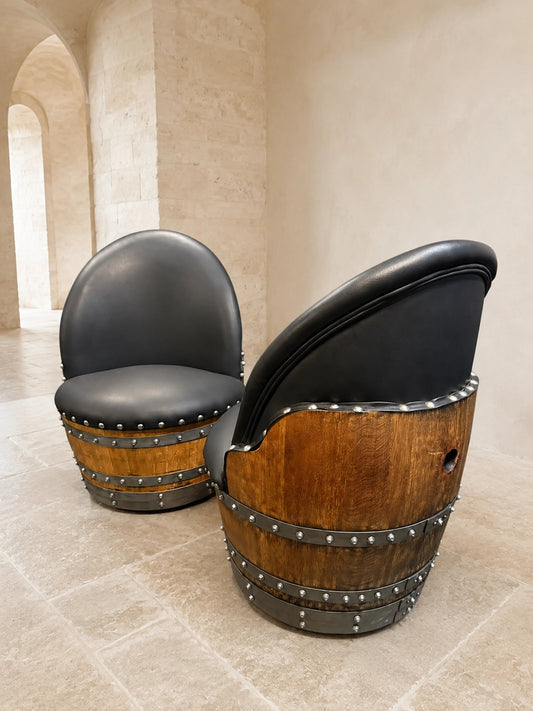 Whiskey & Wine Barrel Lounge Chair — Hidden Storage, Memory Foam, Black Upholstery