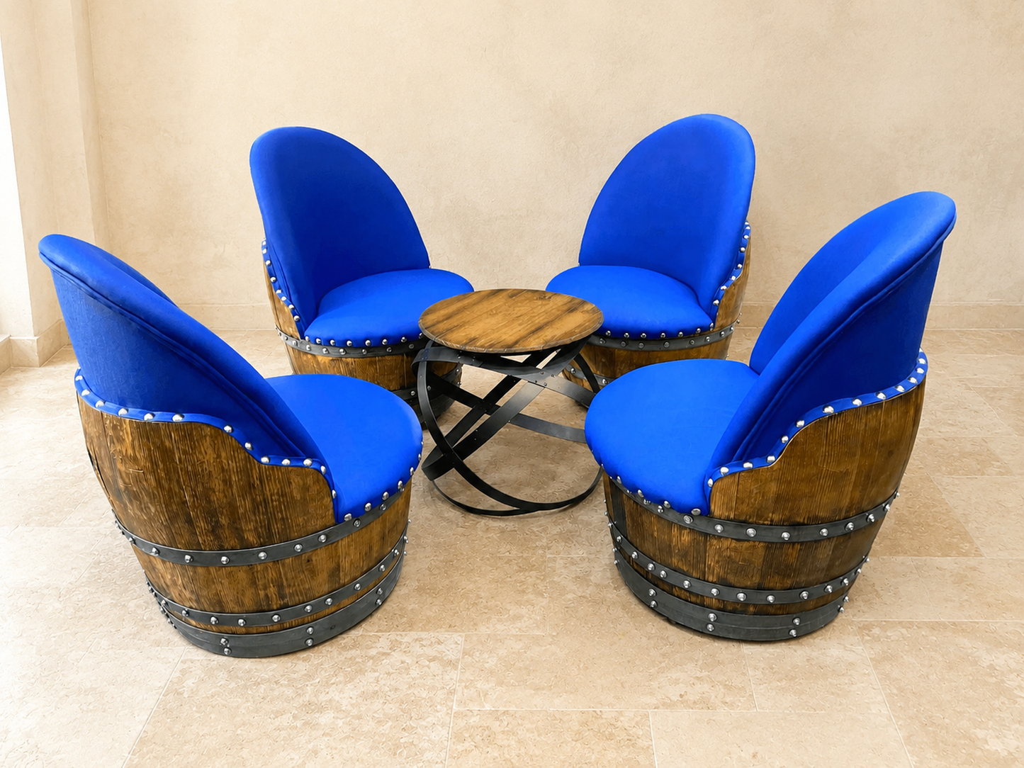 Whiskey & Wine Barrel Lounge Chair — Hidden Storage, Memory Foam, Sea Blue Upholstery (Limited)