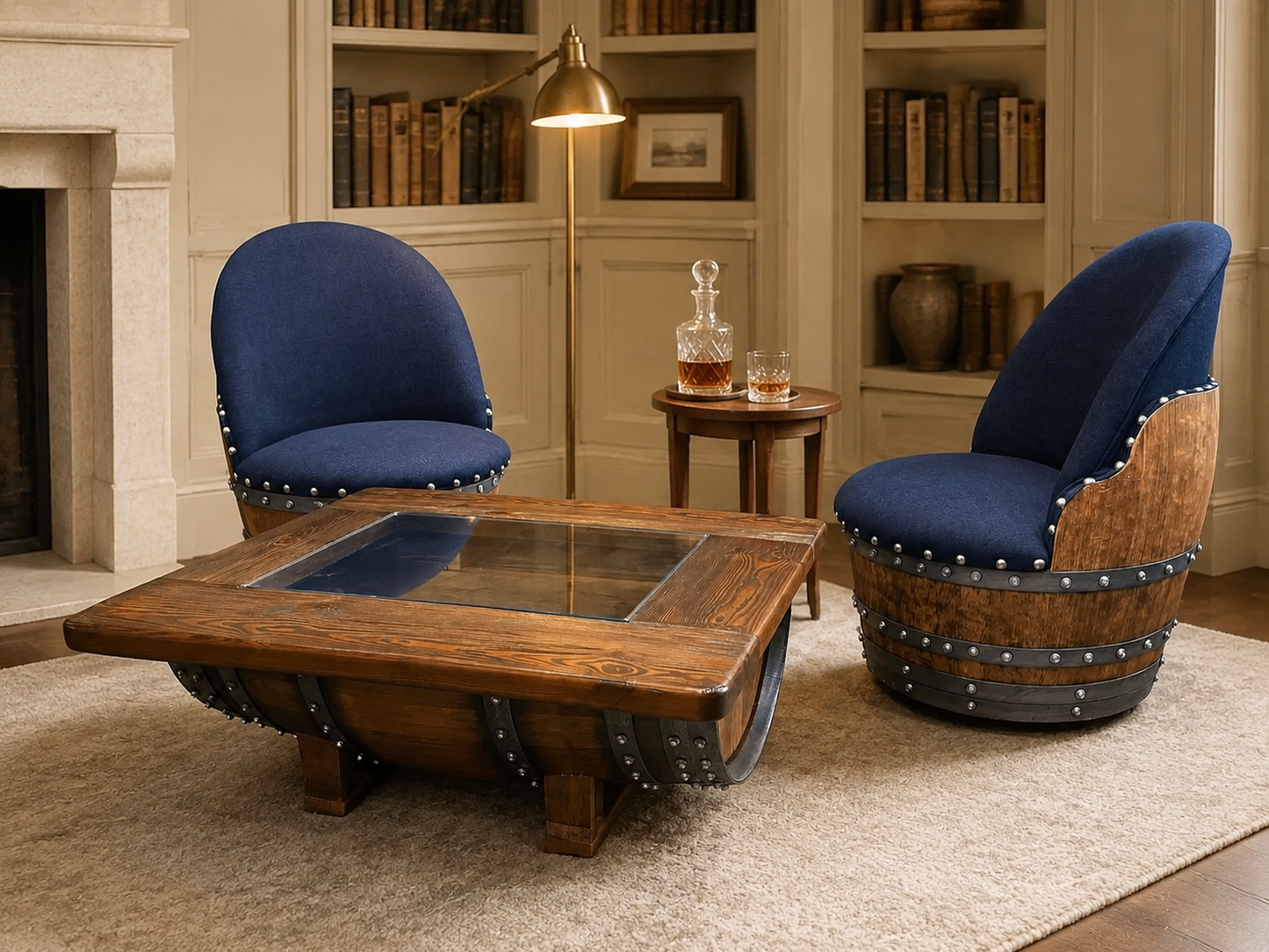 Whiskey & Wine Barrel Armchair with Hidden Safe — Memory Foam, Dark Navy Blue Upholstery