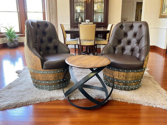 Luxury Whiskey & Wine Barrel Captain Chair Corner Set — Two Chairs & Corner Table (October Pre-Order)
