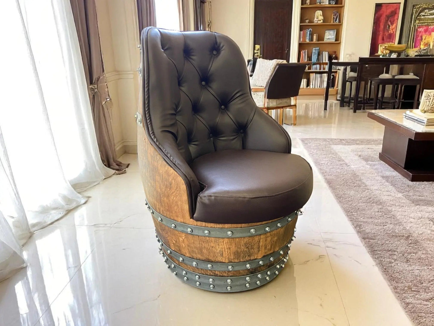 Luxury Captain Barrel Chair, Handmade Wine and Whiskey Barrel Chair, Hidden Storage, Memory Foam Upholstery, Movable On Casters