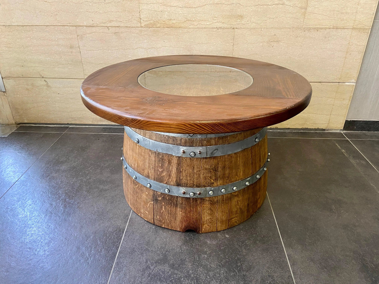 Wine Barrel Full Round Coffee Table Set with 2 Chairs - Rustic Whiskey Barrel Furniture Set - Handmade Solid Oak - Free Shipping