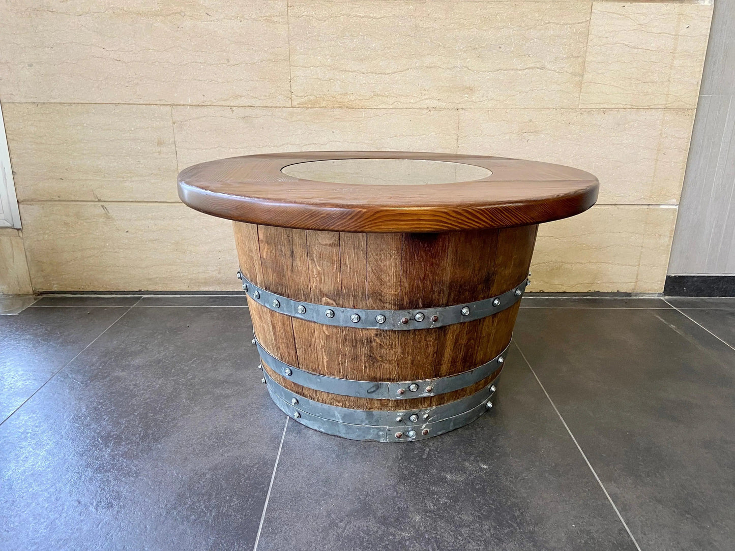 Half Barrel Table Set — Bourbon Barrel Coffee Table Set, Whiskey Barrel Living Room Set, Wine Barrel Full Round + 2 Chairs