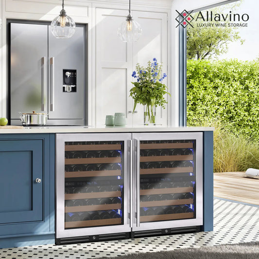 Allavino Reserva Series 102 Bottle Four Zone Built-in Luxury Wine Refrigerator with Stainless Steel Doors - Side-by-Side