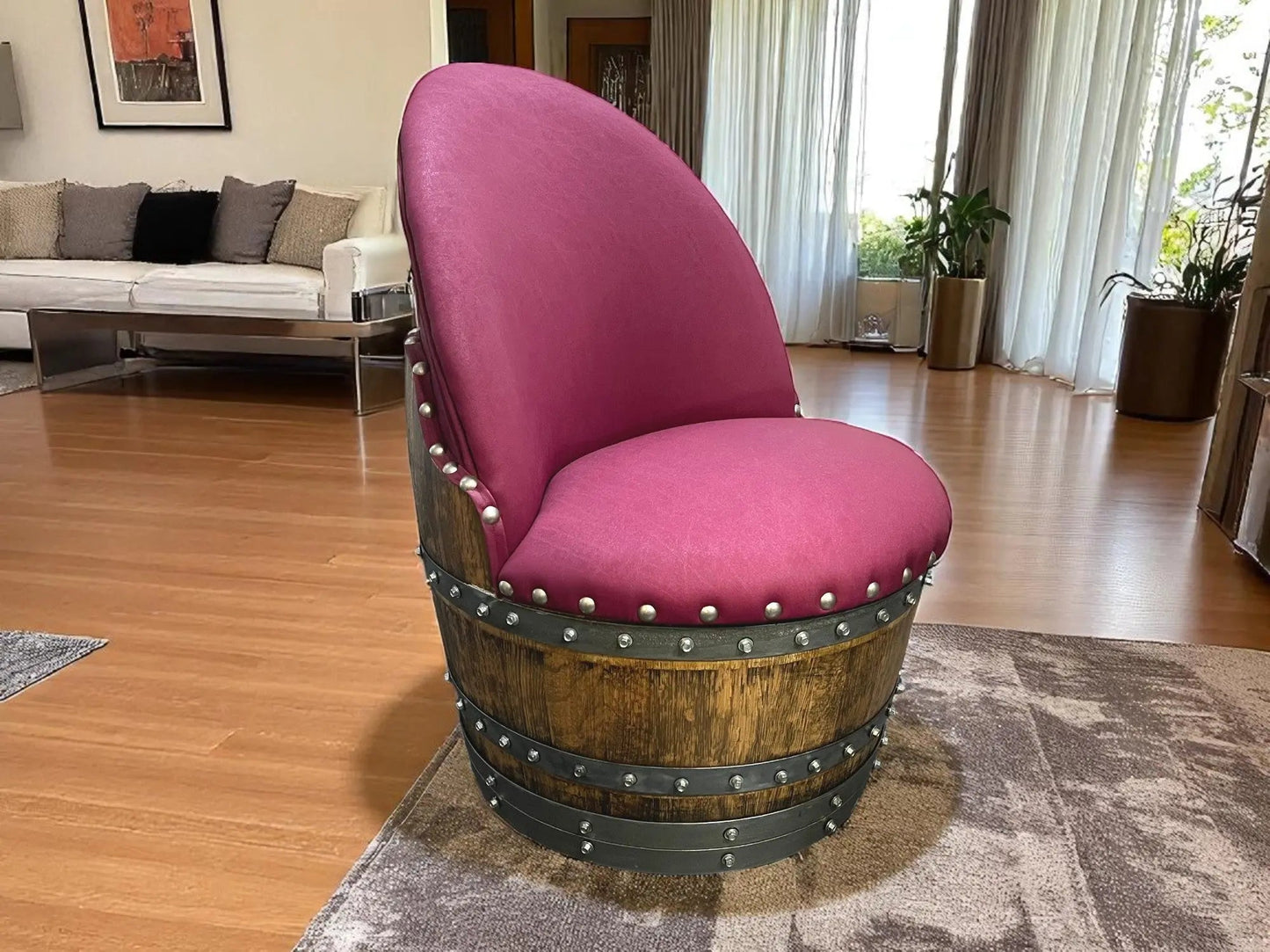 Burgundy Berry Oak Barrel Chair, Hidden Storage, Memory Foam Upholstery, Movable On Casters (2 Chair Min. Purchase)