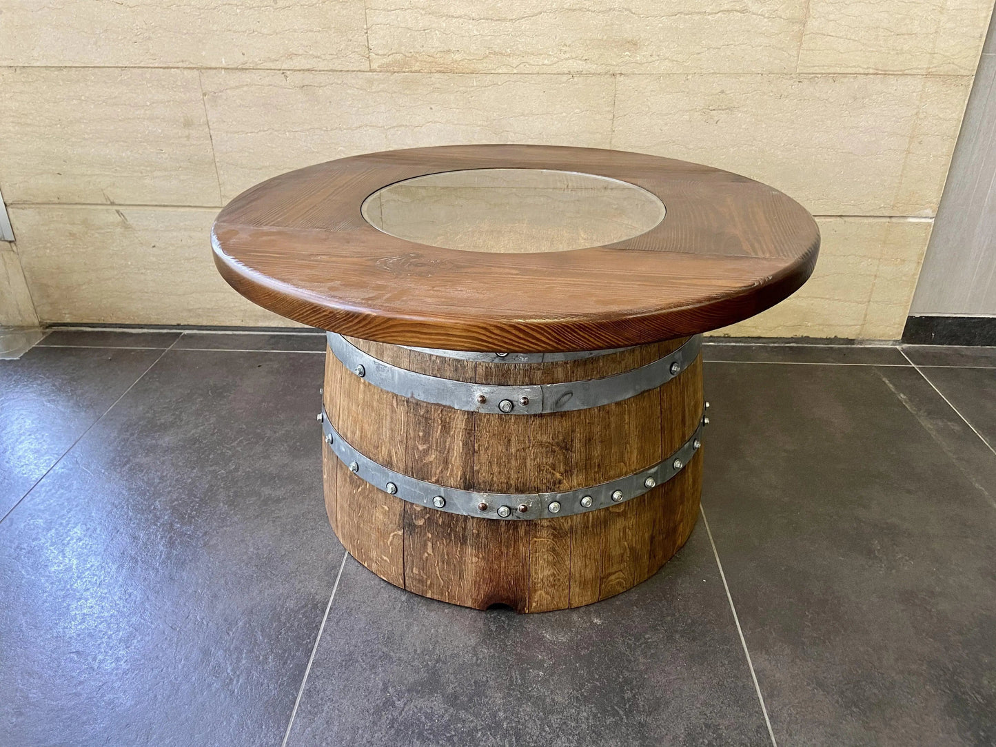 Wine Barrel Full Round Coffee Table Set with 4 Chairs - Rustic Whiskey Barrel Furniture Set - Handmade Solid Oak - Free Shipping