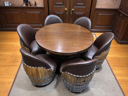 Barrel Table Game Set — Whiskey Barrel Poker Table, Bourbon Barrel Poker Set, Wine Barrel Convertible Dining Top, 6-Chair