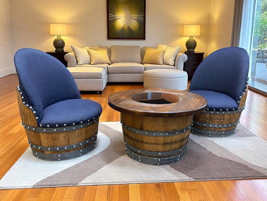 Half Barrel Table Set — Bourbon Barrel Coffee Table Set, Whiskey Barrel Living Room Set, Wine Barrel Full Round + 2 Chairs