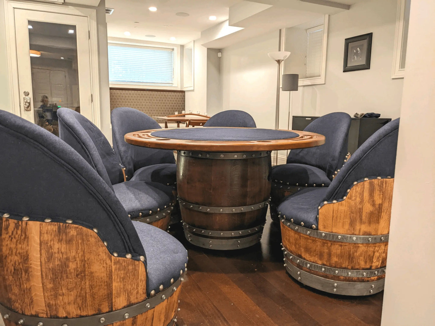 Dark Navy Blue Wine Barrel Poker Set with Removable Dining Top - Game Table & Barrel Chair - Wine Barrel Table for Dining and Poker