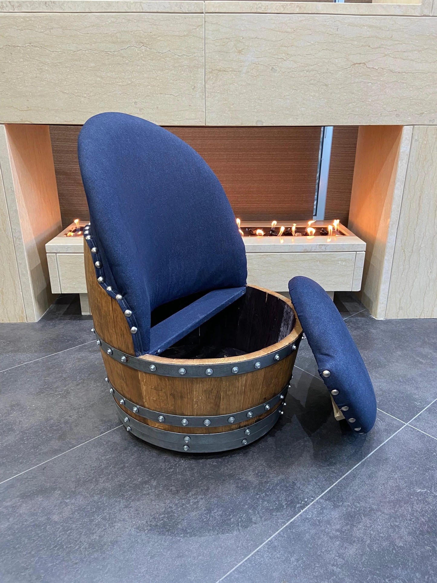 Dark Navy Blue Wine Barrel Poker Set with Removable Dining Top - Game Table & Barrel Chair - Wine Barrel Table for Dining and Poker