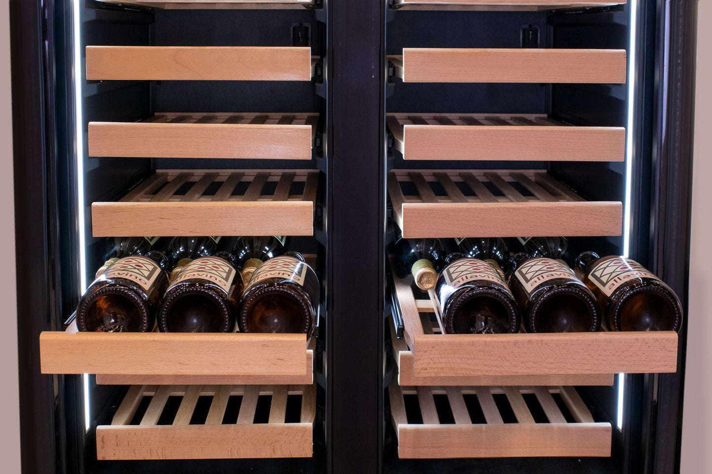Allavino 100 Bottle Black French Doors Dual Zone Wine Refrigerator with Two Refrigerated Drawers