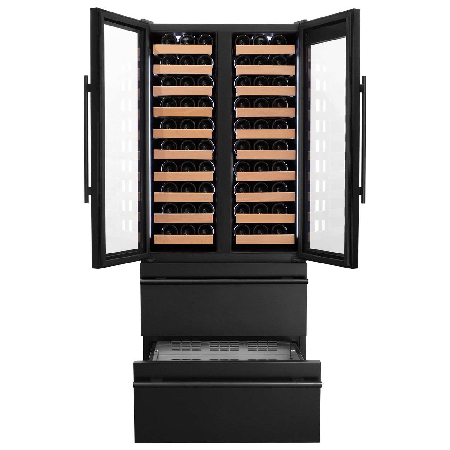 Allavino 100 Bottle Black French Doors Dual Zone Wine Refrigerator with Two Refrigerated Drawers