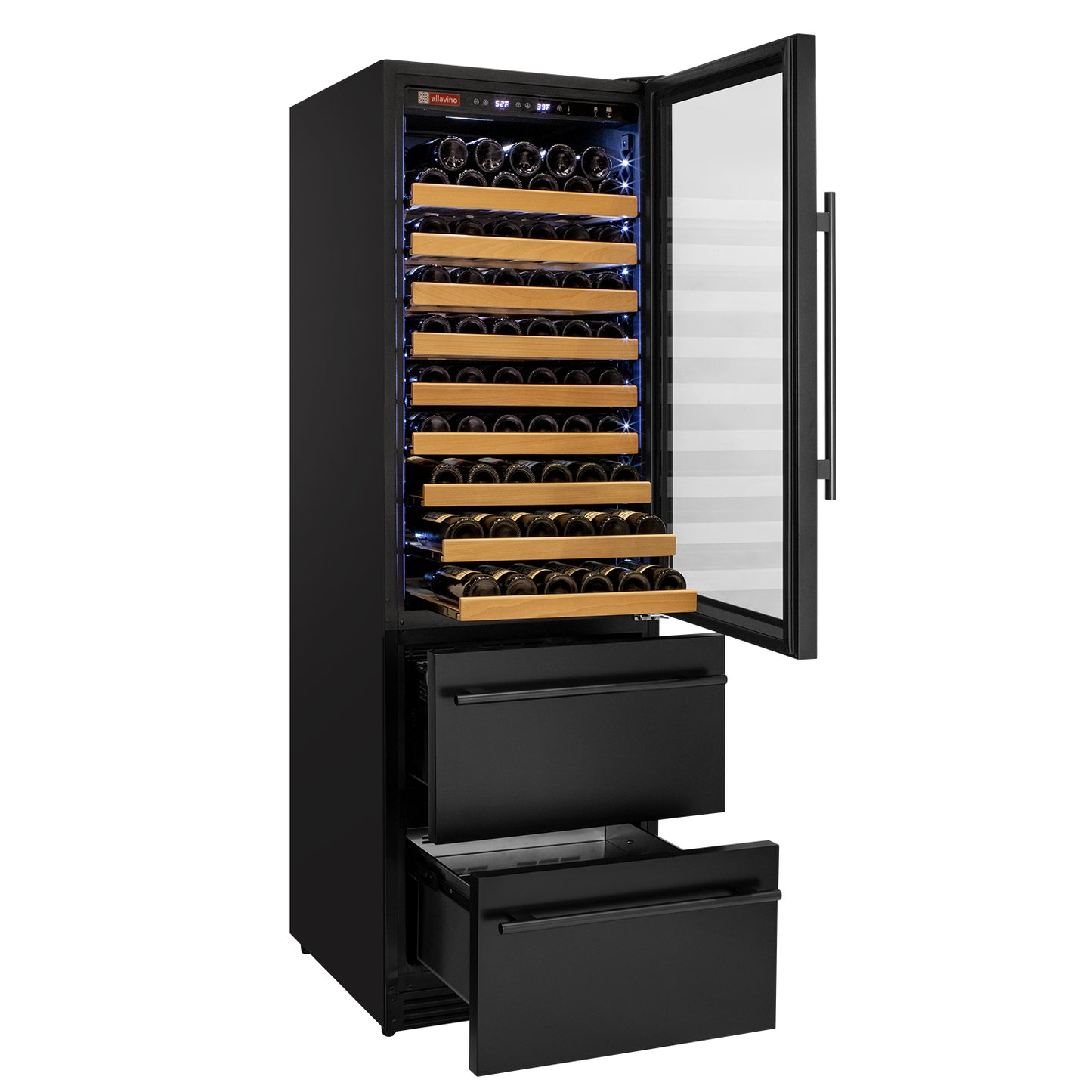 Allavino 108 Bottle Black Wine Refrigerator with Two Refrigerated Drawers