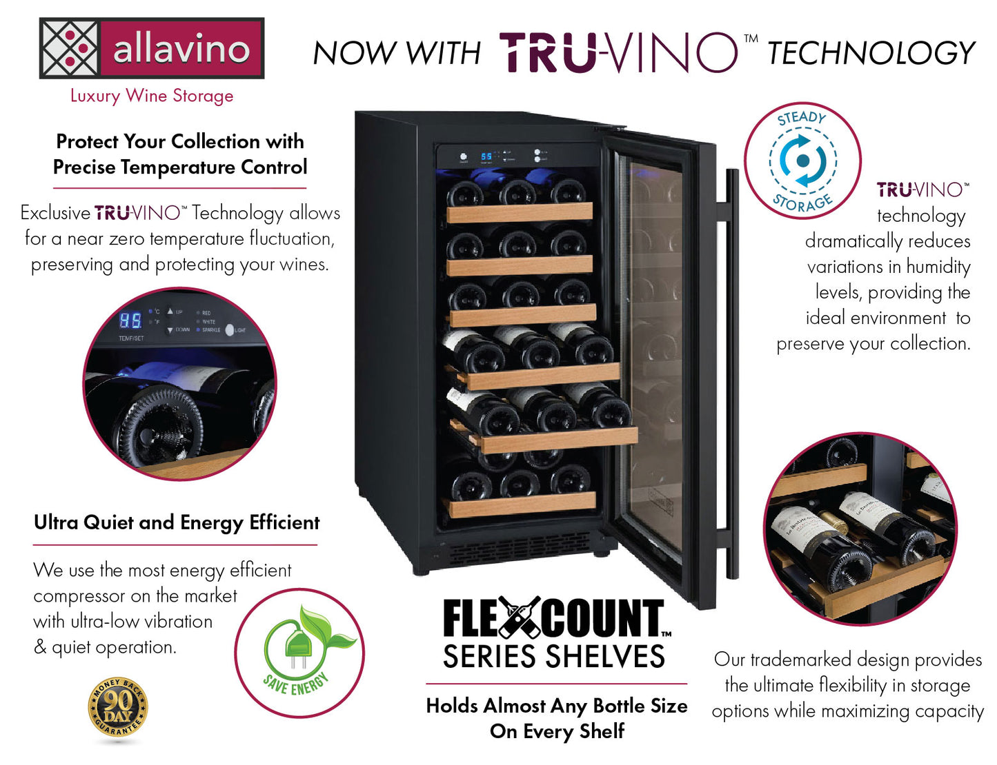 Allavino 15-Inch Wide FlexCount II Tru-Vino 30 Bottle Single Zone Black Wine Refrigerator
