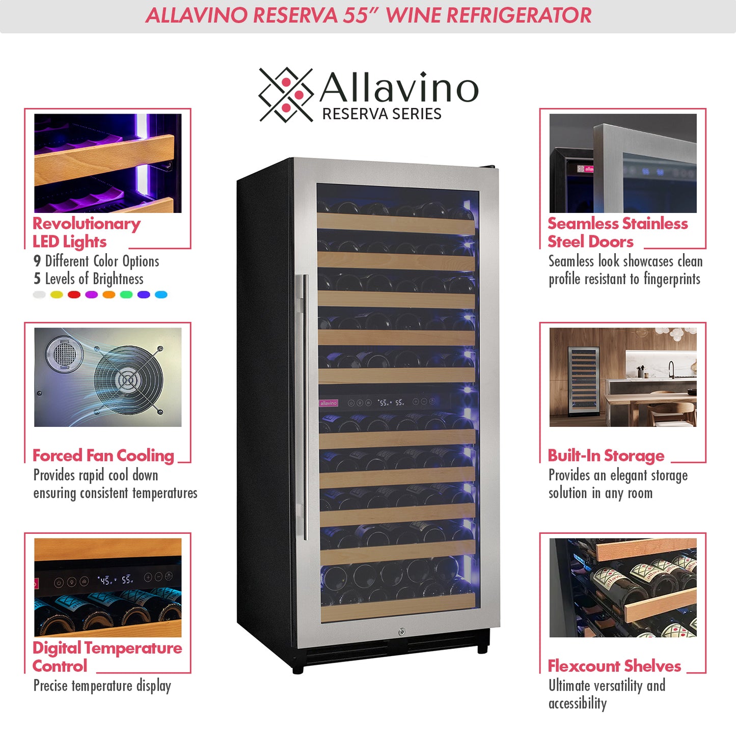 Allavino 238 Bottle 55-Inch Tall Four Zone Side-by-Side Stainless Steel Wine Refrigerator