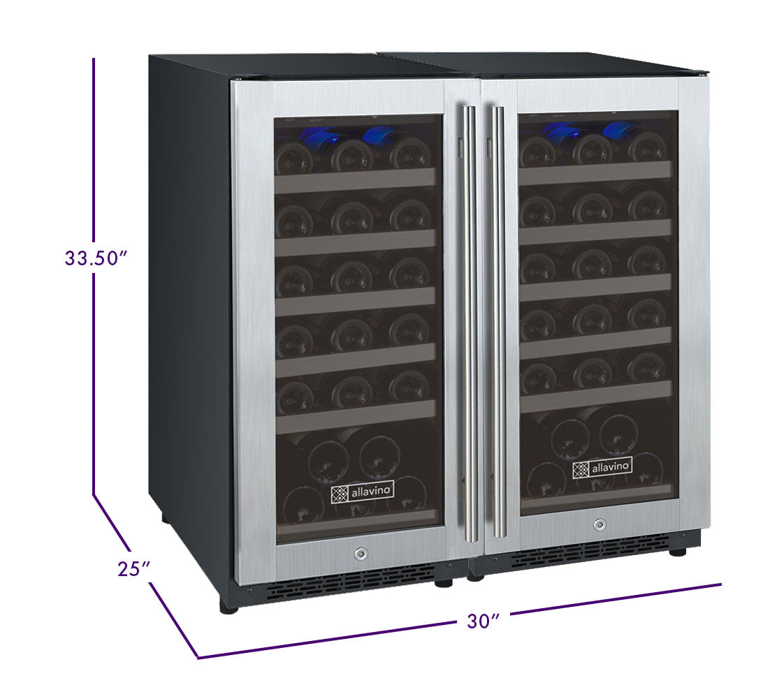 Allavino FlexCount Series 60 Bottle Dual Zone Undercounter Side-by-Side Wine Refrigerators with Stainless Steel Doors