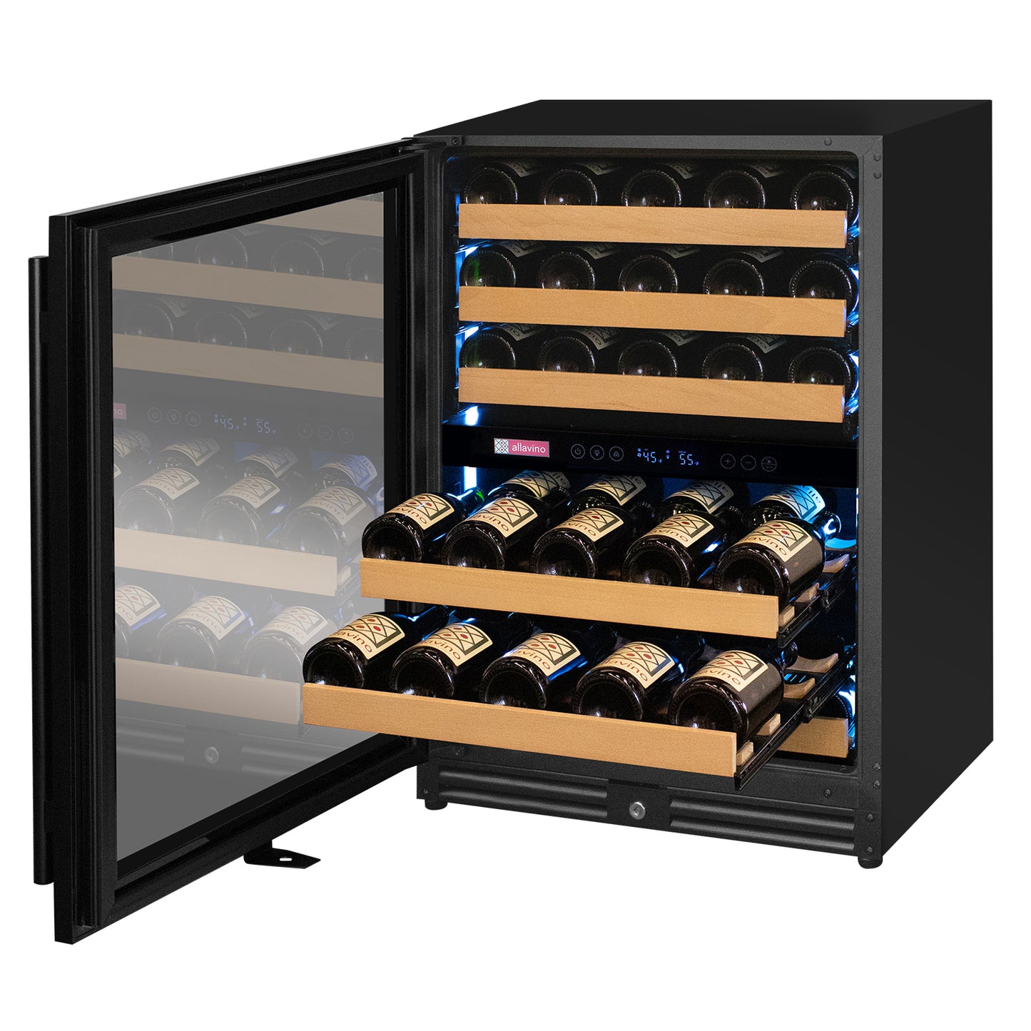 Allavino Reserva Series - 56 Bottle Dual Zone Built-in Luxury Wine Refrigerator with Black Door - Left Hinge