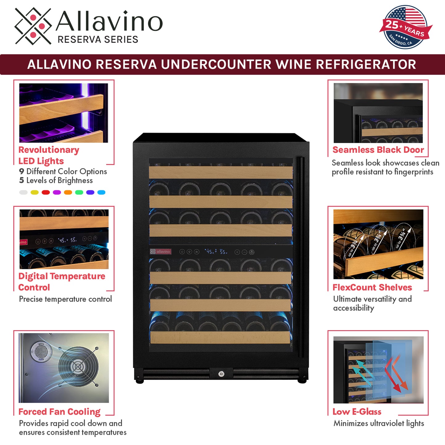 Allavino Reserva Series - 56 Bottle Dual Zone Built-in Luxury Wine Refrigerator with Black Door - Left Hinge
