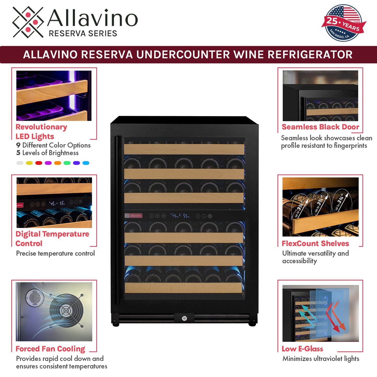 Allavino Reserva Series - 56 Bottle Dual Zone Built-in Luxury Wine Refrigerator with Black Door - Right Hinge