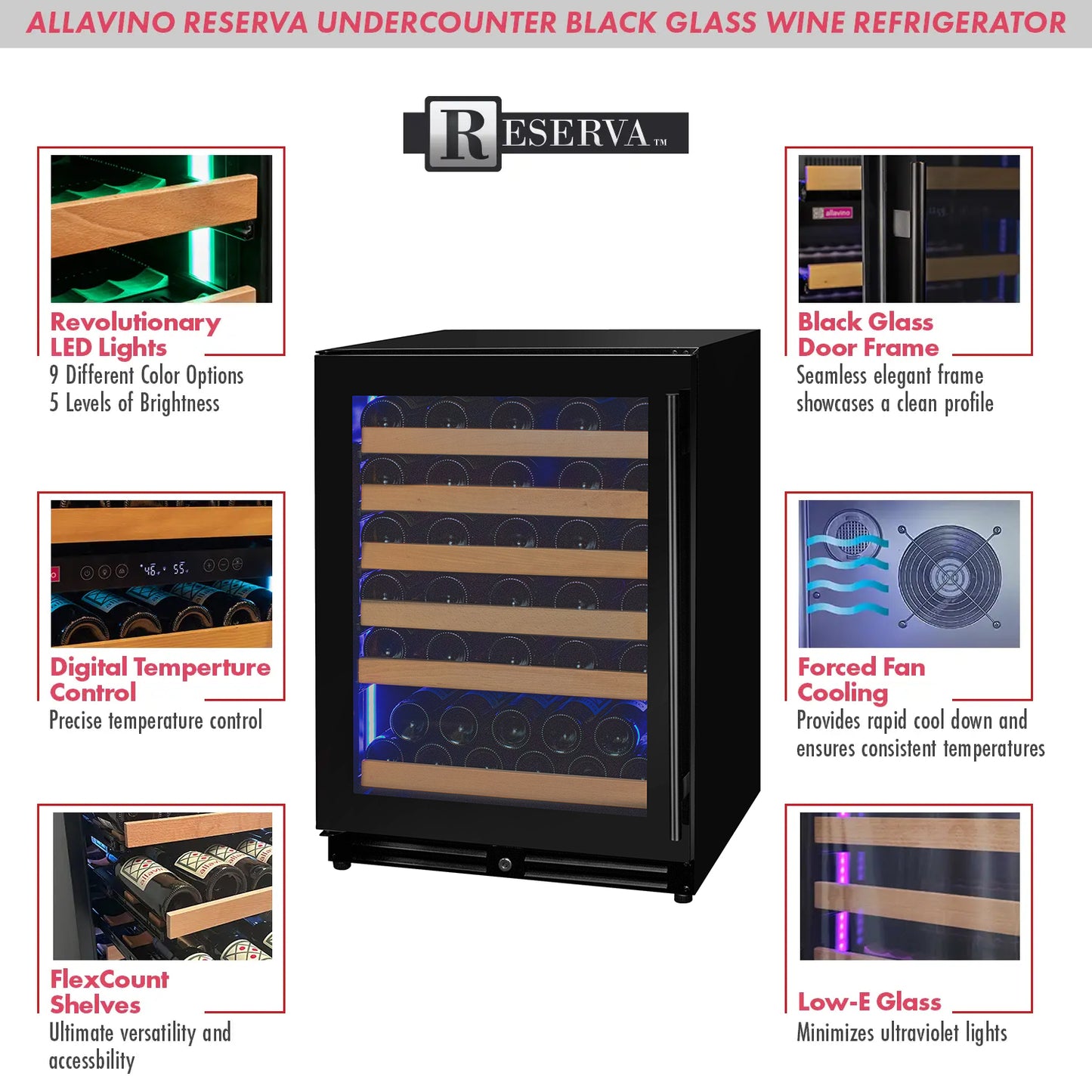 Allavino Reserva Series - 56 Bottle Single Zone Built-in Luxury Wine Refrigerator with Black Door - Left Hinge