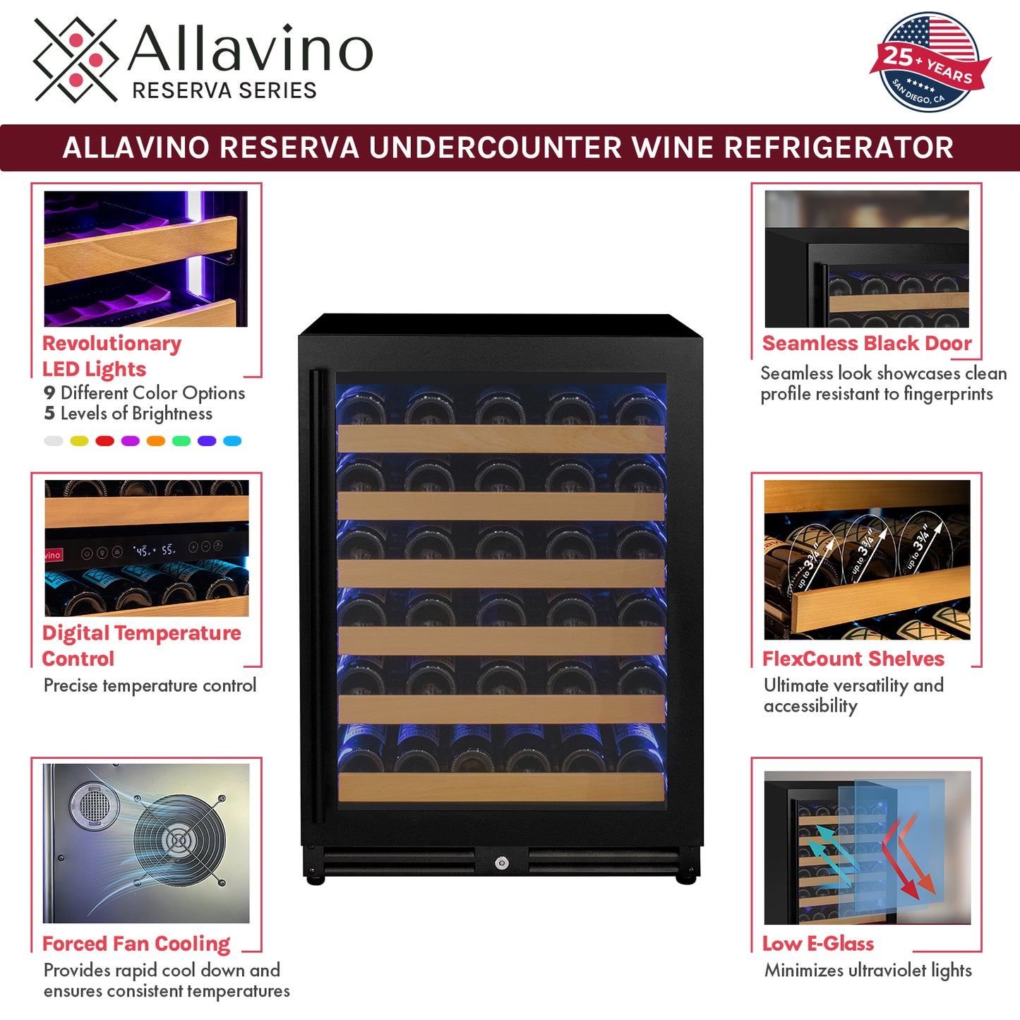 Allavino Reserva Series - 56 Bottle Single Zone Built-in Luxury Wine Refrigerator with Black Door - Right Hinge