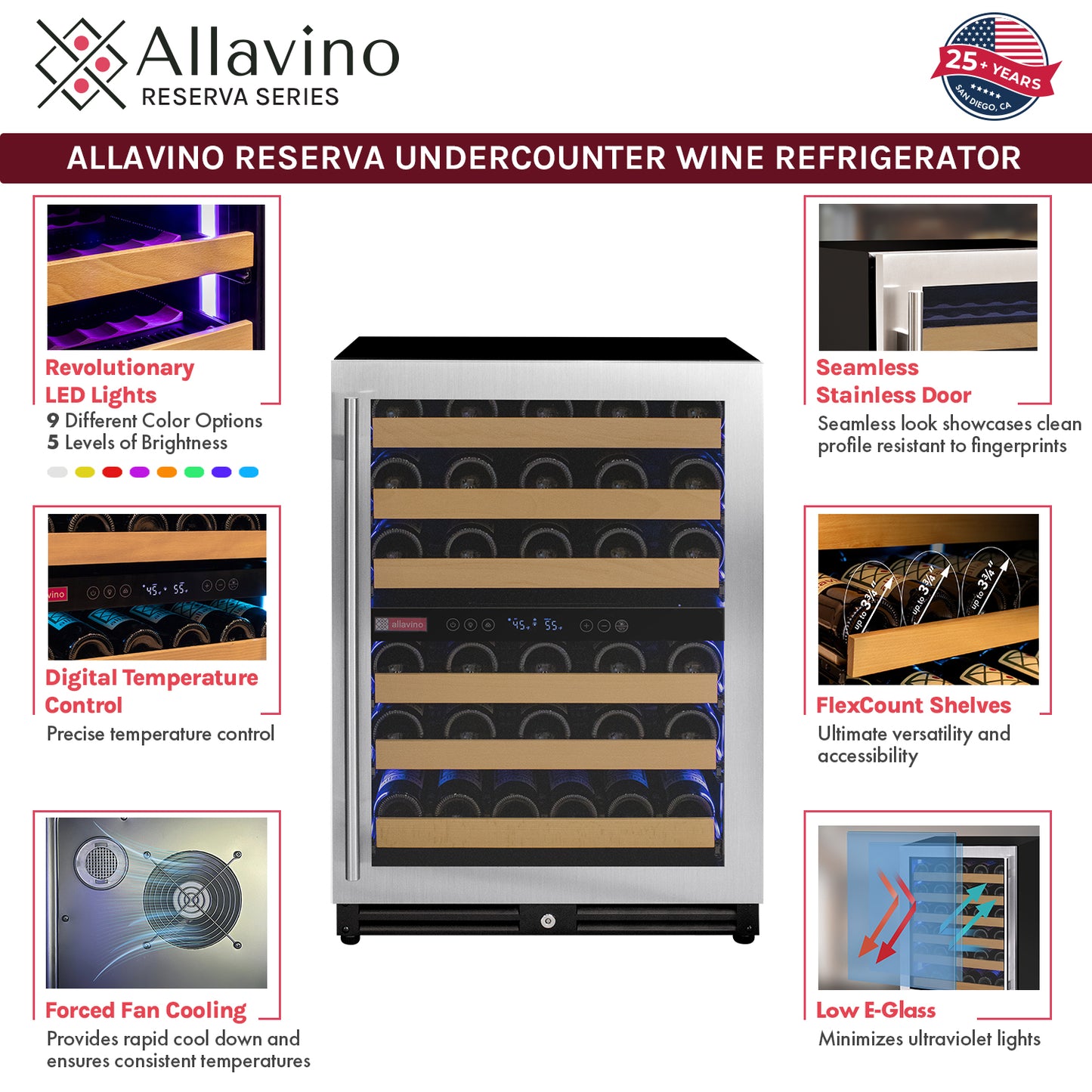 Allavino Reserva Series 112 Bottle Four Zone Undercounter Wine Refrigerator Cooler with Stainless Steel Doors - Side-by-Side
