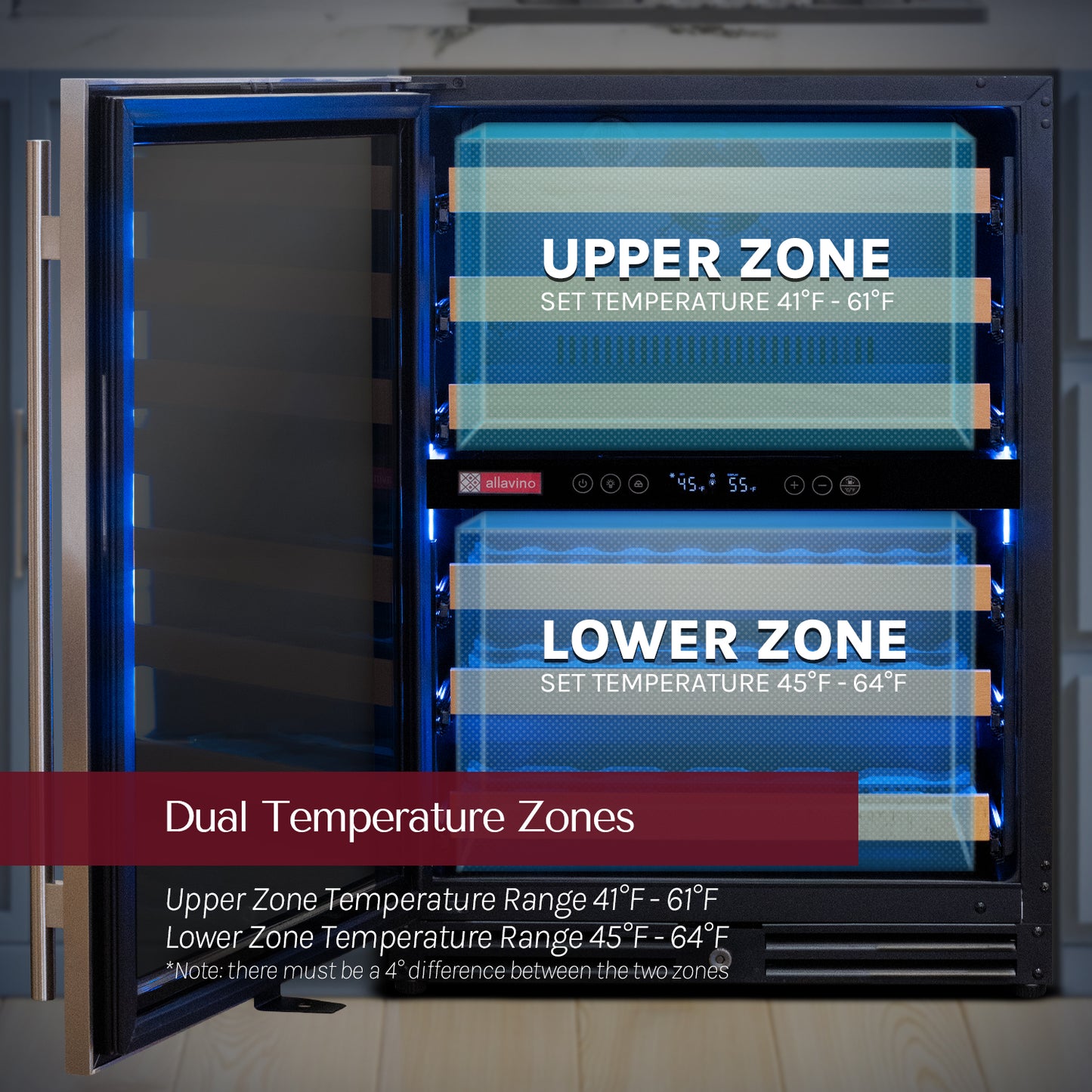 Allavino Reserva Series 112 Bottle Four Zone Undercounter Wine Refrigerator Cooler with Stainless Steel Doors - Side-by-Side