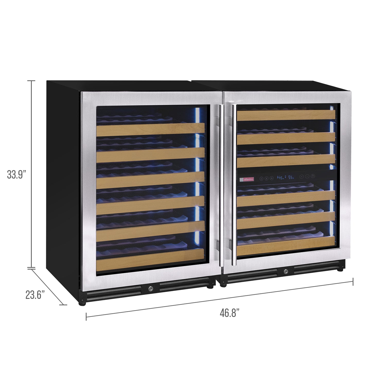 Allavino Reserva Series 112 Bottle Three Zone Undercounter Wine Refrigerator Cooler with Stainless Steel Doors - Side-by-Side