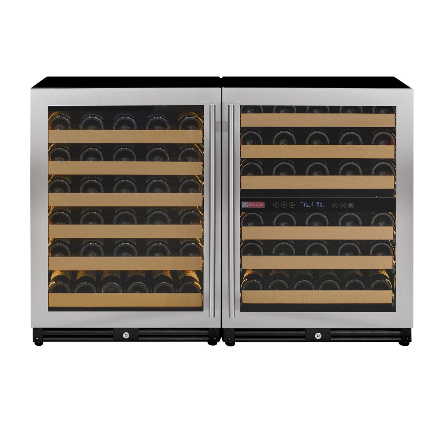 Allavino Reserva Series 112 Bottle Three Zone Undercounter Wine Refrigerator Cooler with Stainless Steel Doors - Side-by-Side