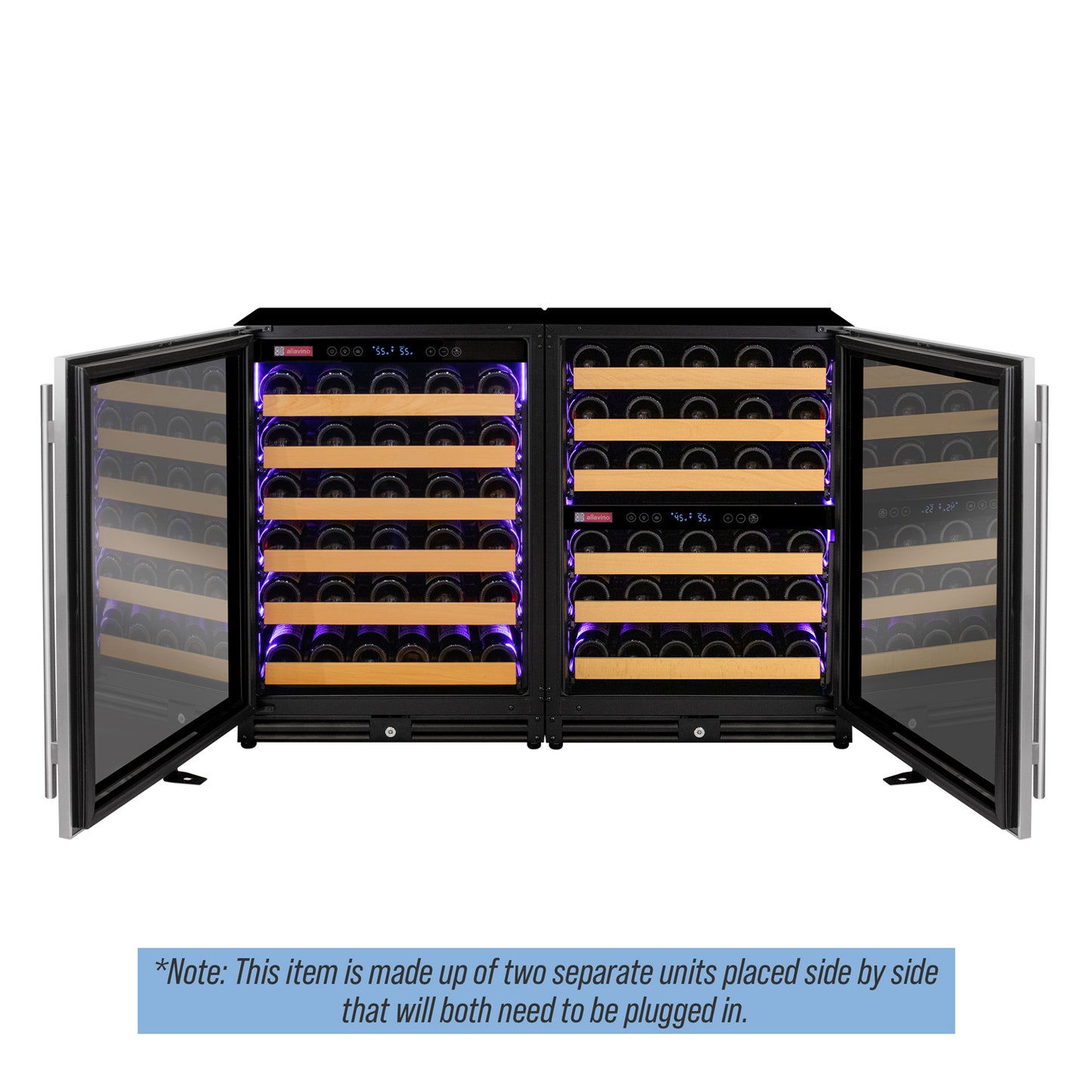 Allavino Reserva Series 112 Bottle Three Zone Undercounter Wine Refrigerator Cooler with Stainless Steel Doors - Side-by-Side