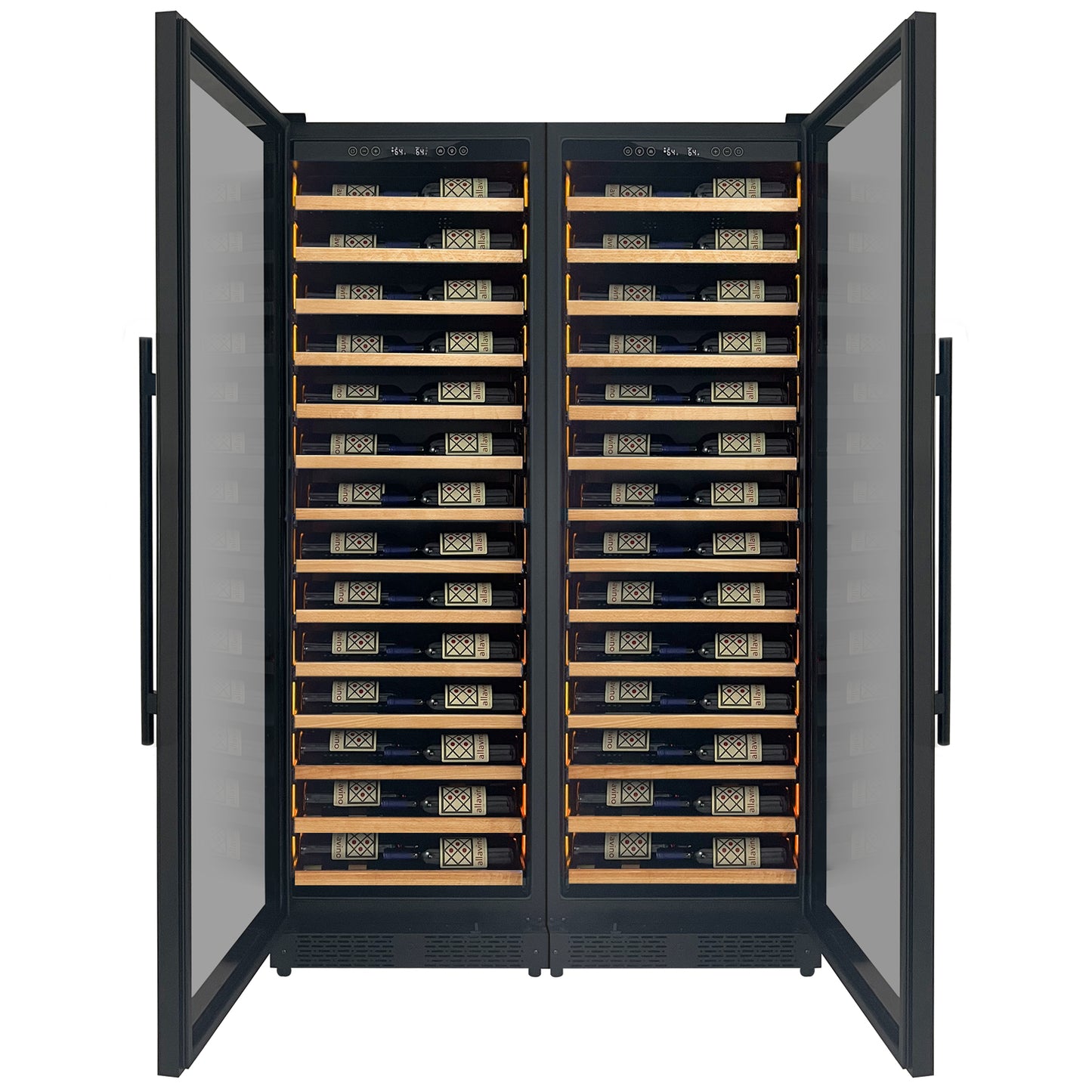 Allavino Reserva Series 134 Bottle Dual Zone Black Side-by-Side Shallow Wine Refrigerator with Wood Front Shelves