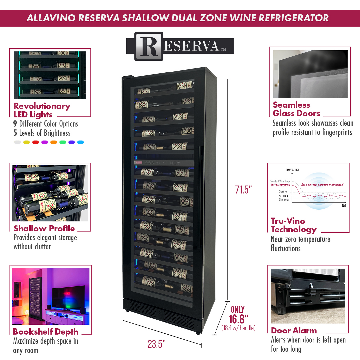 Allavino Reserva Series 134 Bottle Four Zone Shallow Side-by-Side Wine Refrigerators with Black Doors