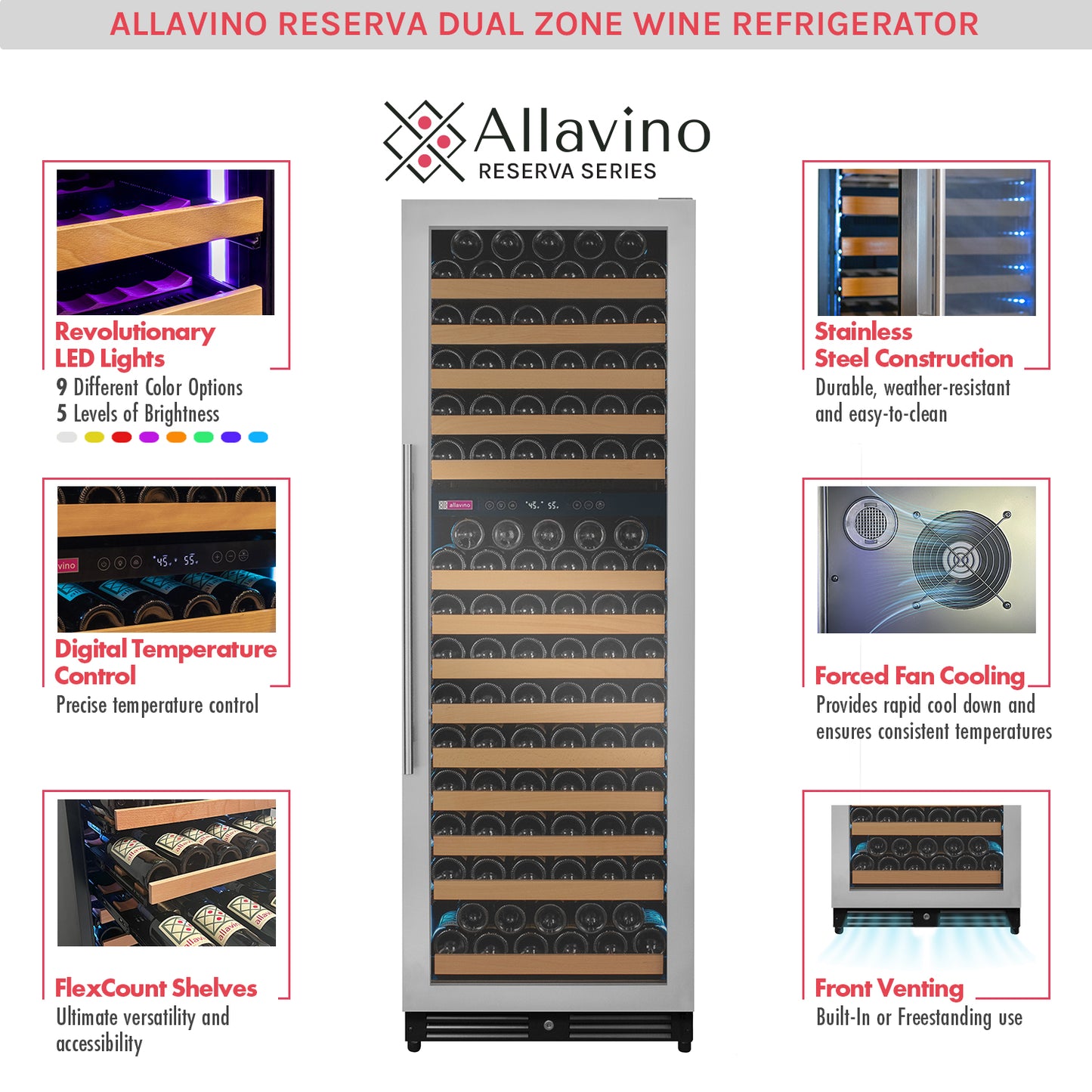 Allavino Reserva Series 172 Bottle Dual Zone Built-in Wine Refrigerator with Stainless Steel Door - Right Hinge