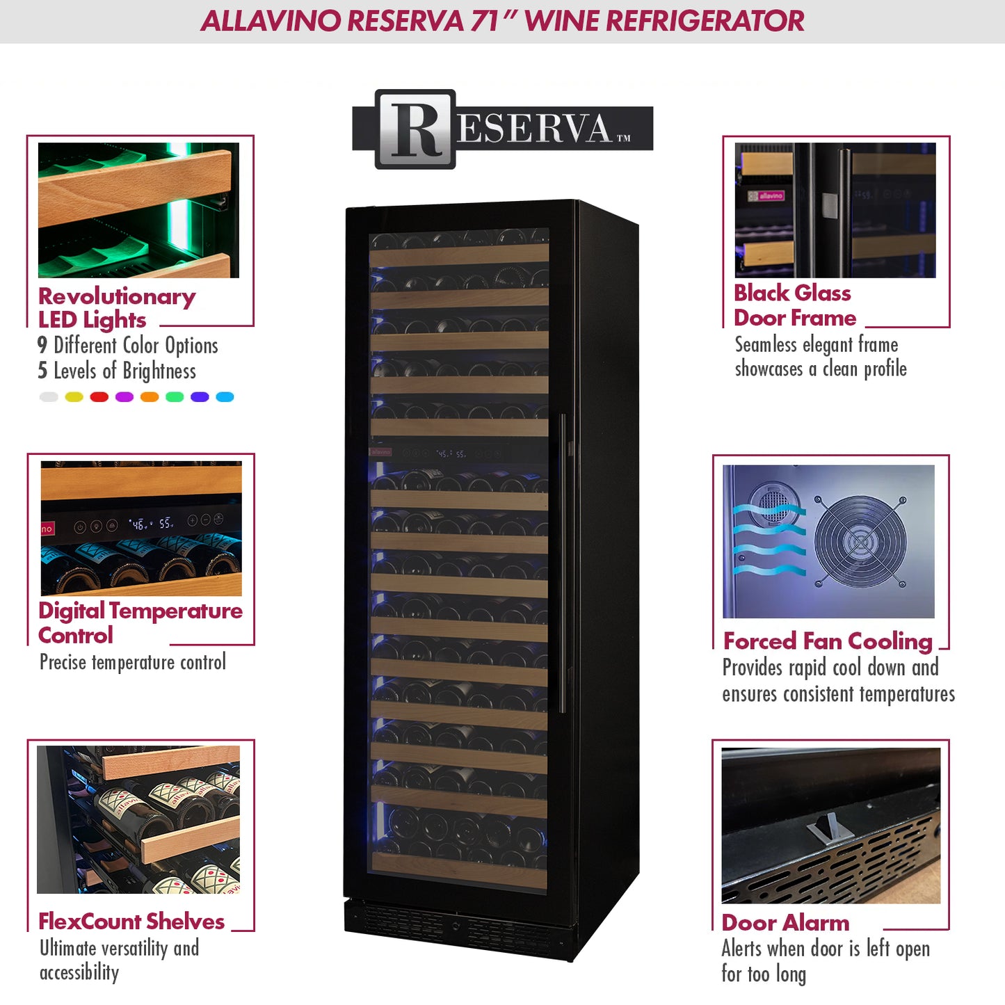 Allavino Reserva Series 308 Bottle Four Zone Tall Side-by-Side Wine Refrigerators with Black Glass Doors