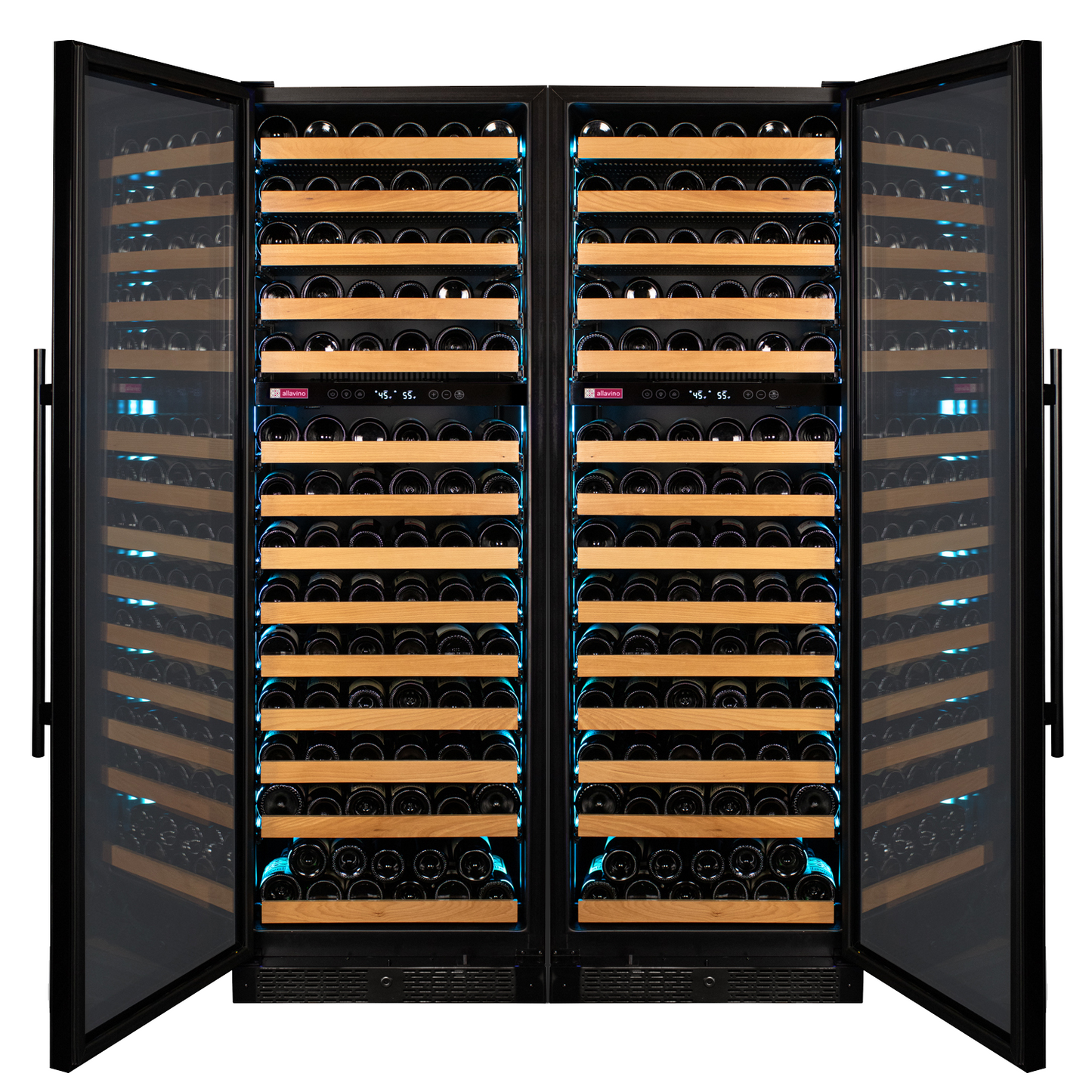 Allavino Reserva Series 308 Bottle Four Zone Tall Side-by-Side Wine Refrigerators with Black Glass Doors