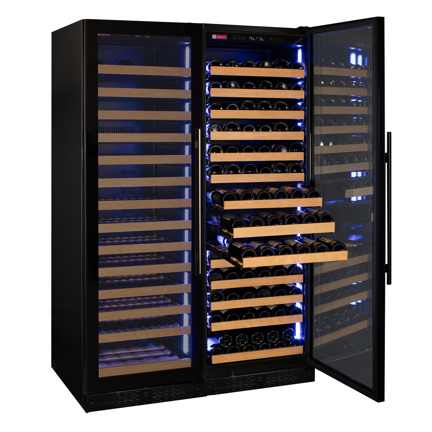Allavino Reserva Series 326 Bottle Tall Dual Zone Tall Side-by-Side Wine Refrigerators with Black Glass Doors