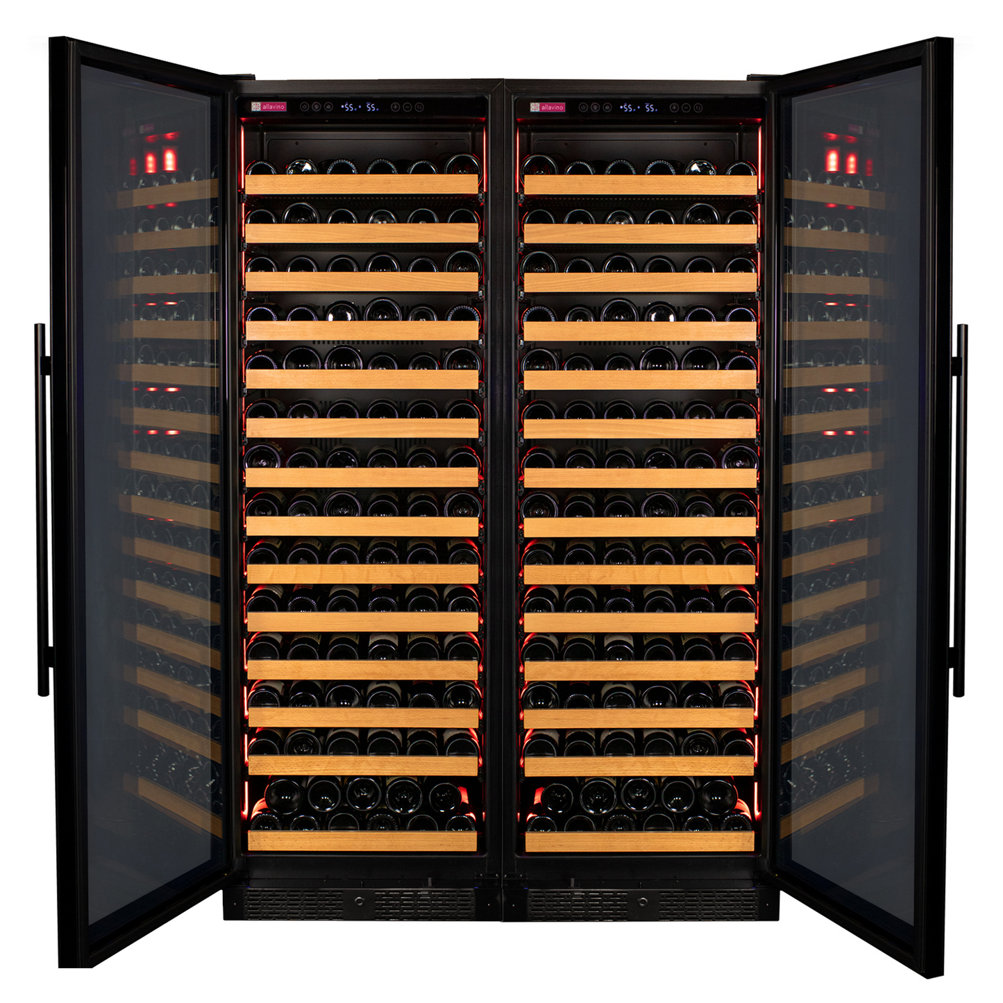 Allavino Reserva Series 326 Bottle Tall Dual Zone Tall Side-by-Side Wine Refrigerators with Black Glass Doors