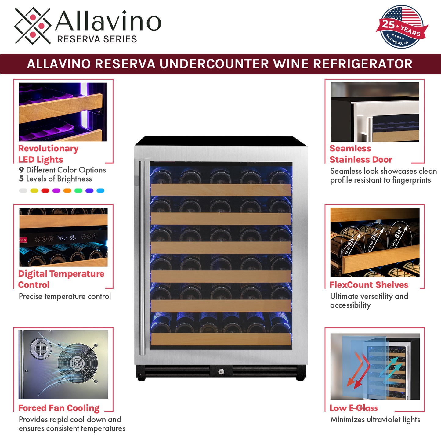 Allavino Reserva Series 51 Bottle Single Zone Built-in Luxury Wine Refrigerator with Stainless Steel Door - Right Hinge