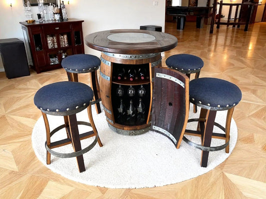 Oak Barrel Pub Table Set, Limited Colorways, Counter Height Wood Glass Top, Cabinet Storage, Bar Stools, Home Bar, Man Cave - Handmade from Family Business