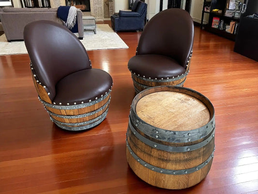 Bourbon Barrel Coffee Table Set, Whiskey Barrel Living Room Set, Wine Barrel 2 Chairs + Coffee Table, Reclaimed Oak